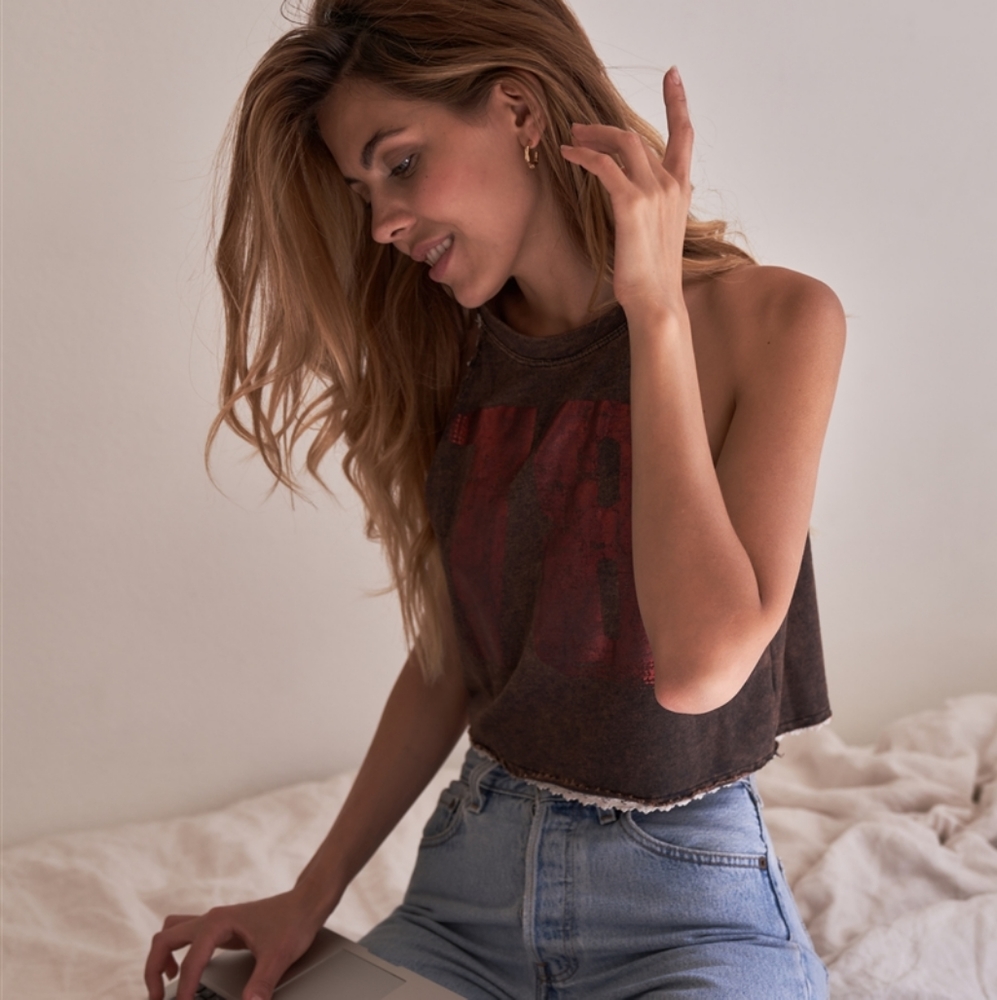 Brown Sleeveless Graphic Print Crop Top